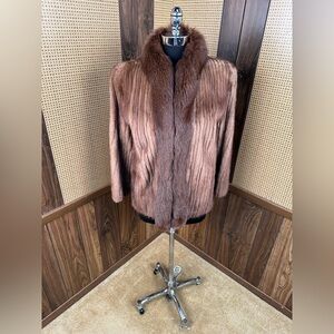 BEAUTIFUL VINTAGE BROWN CORDED CORDUROY MINK & FOX COLLAR FUR COAT JACKET SMALL